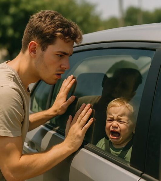 Genç bir adam arabanın içinde kilitli bir çocuğu