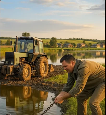 Traktör şoförü nehrin kenarında