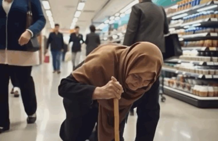 Yaşlı bir kadın süpermarketin ortasında