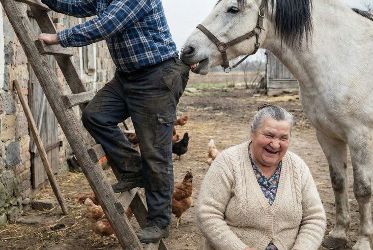 Yaşlı adam, çatısından dalları temizlemek için