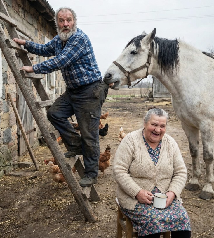 Yaşlı adam, çatısından dalları temizlemek için