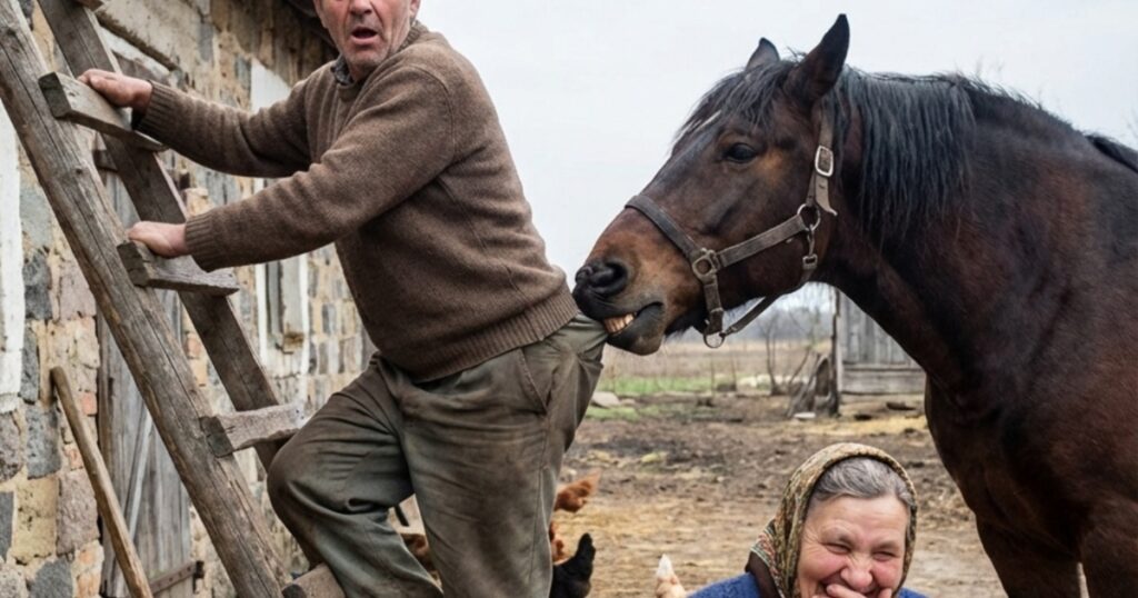 Yaşlı adam, çatısından dalları temizlemek için